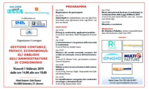 Gestione contabile, privacy, ecobonus: gli obblighi degli amministratori di condominio, Ancona, 1 febbraio 2019