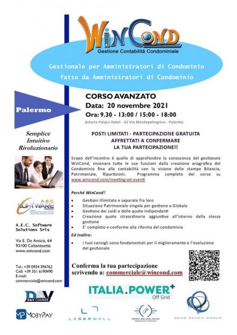 Corso gratuito WinCond, gestionale per amministratori di condominio. Palermo 20 novembre 2021